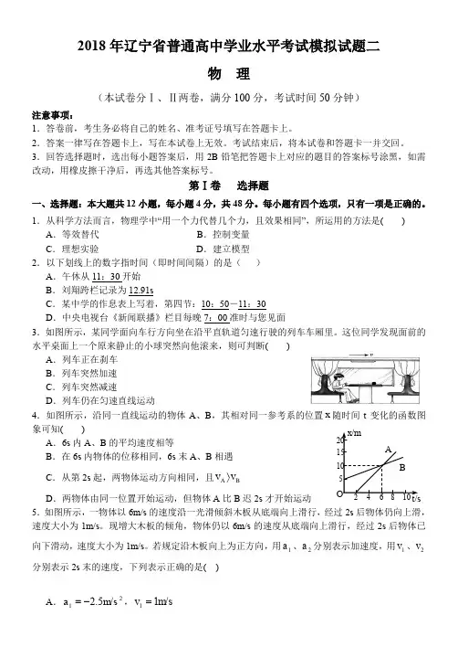 2018年辽宁省普通高中学业水平考试物理模拟试题二