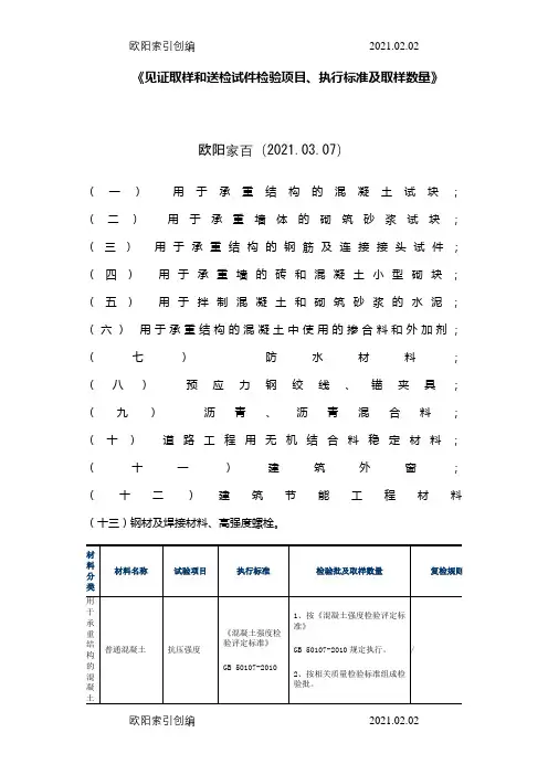 见证取样和送检试件检验项目、执行标准及取样数量之欧阳家百创编