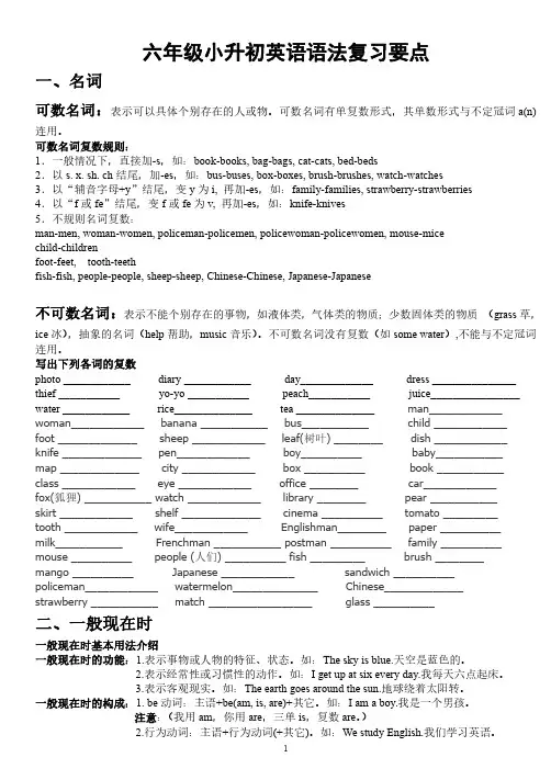 六年级小升初英语语法复习要点