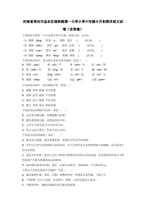 河南省郑州市金水区南阳路第一小学小学六年级小升初期末语文试卷(含答案)