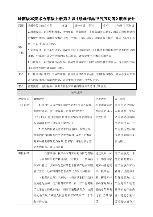 岭南版小学五年级美术上册 《绘画作品中的劳动者》教案