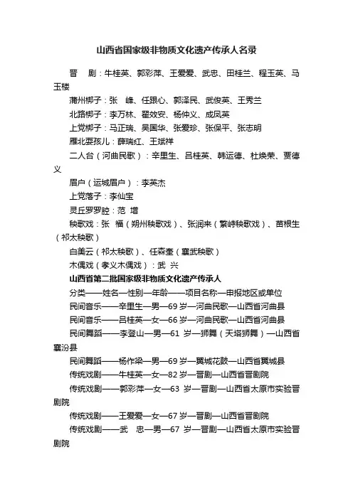 山西省国家级非物质文化遗产传承人名录