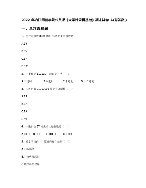 2022年内江师范学院公共课《大学计算机基础》期末试卷A(有答案)