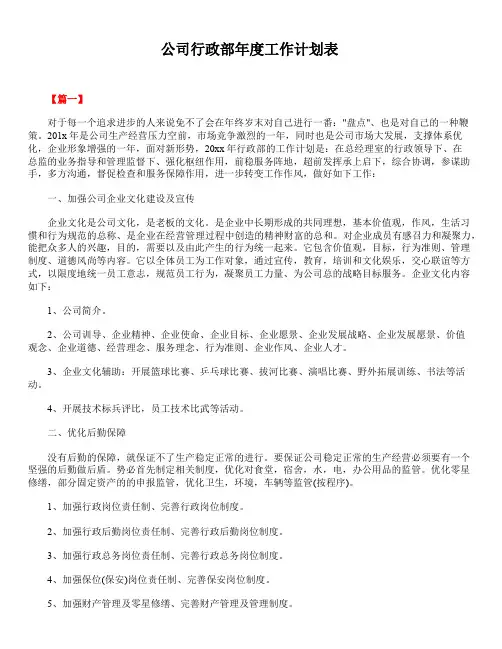 2020年最新版精选公司行政部年度工作计划表