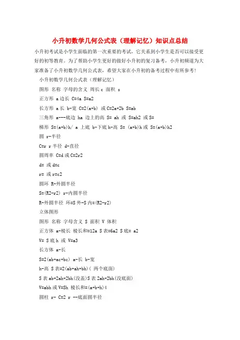 小升初数学几何公式表(理解记忆)知识点总结  