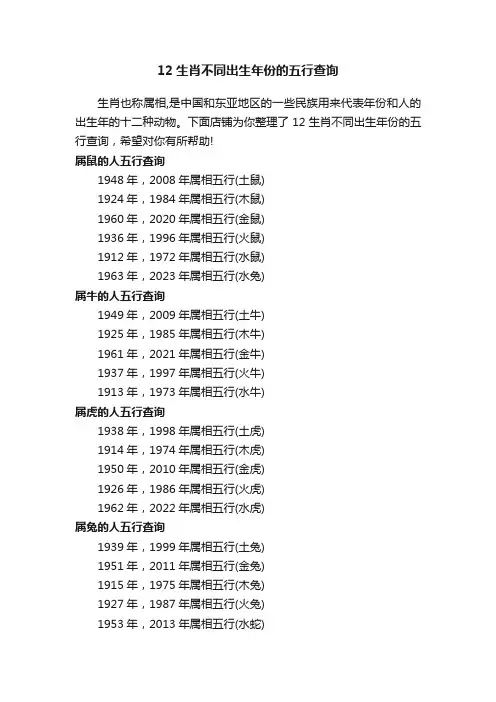 12生肖不同出生年份的五行查询