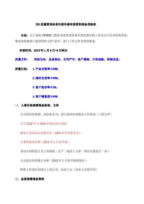 iso质量管理体系外审各部门准备资料文件