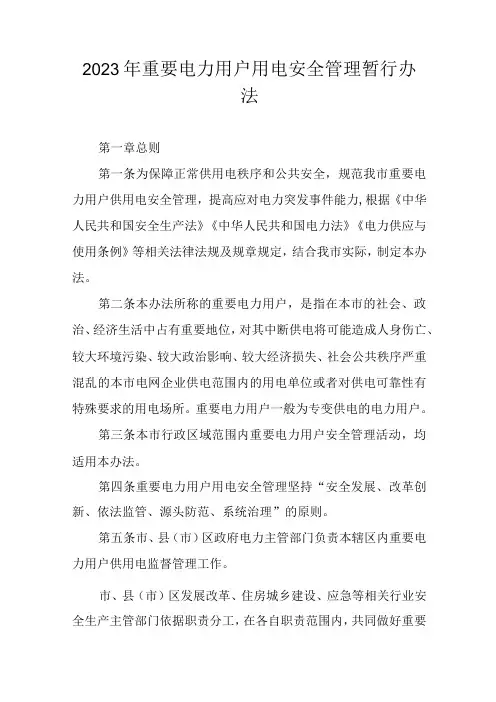 2023年重要电力用户用电安全管理暂行办法