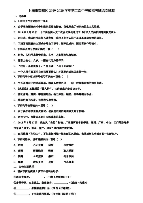 上海市普陀区2019-2020学年第二次中考模拟考试语文试卷含解析