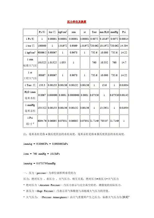 压力单位及换算表