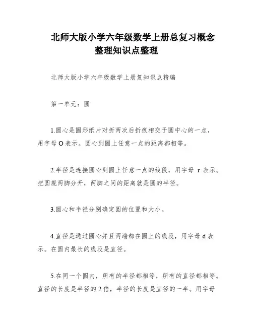 北师大版小学六年级数学上册总复习概念整理知识点整理