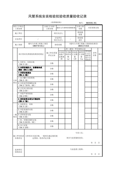 风管系统安装检验批验收质量验收记录(防排烟系统)