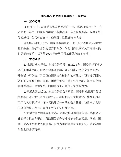 2024年公司团委工作总结及工作安排