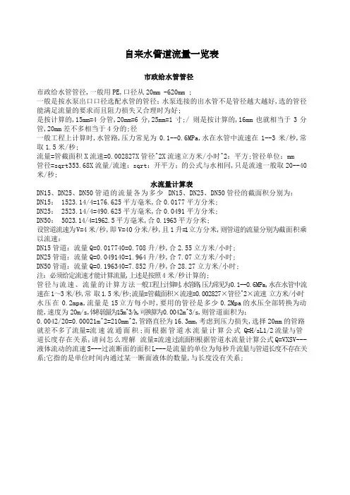 自来水管道流量一览表