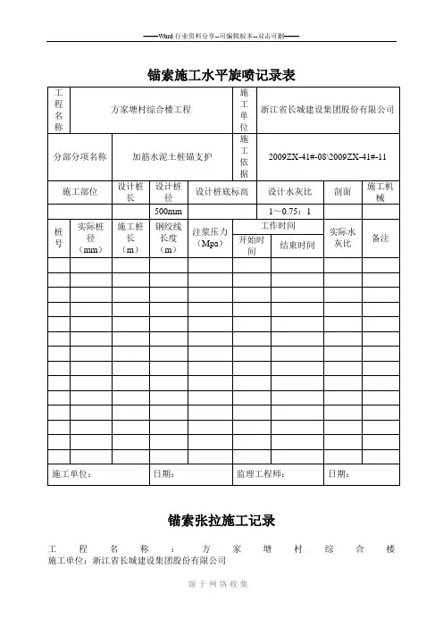 锚索施工水平旋喷记录表