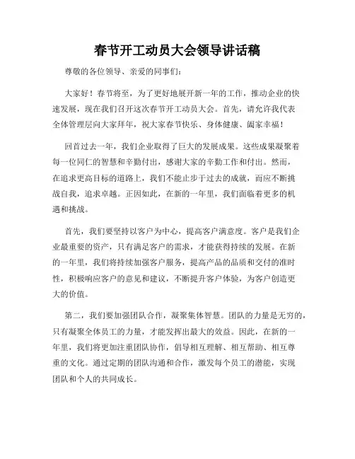 春节开工动员大会领导讲话稿