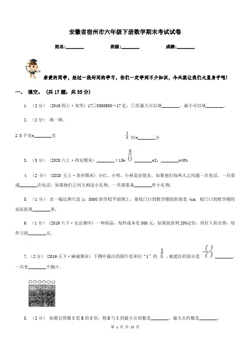 安徽省宿州市六年级下册数学期末考试试卷
