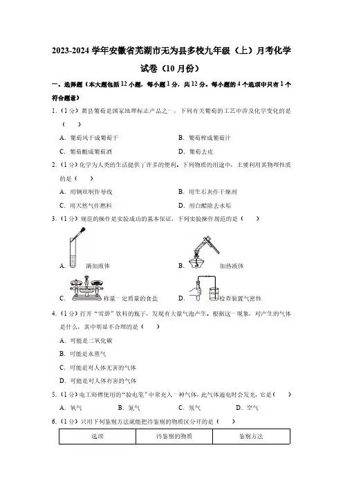 2023-2024学年安徽省芜湖市无为市多校九年级(上)月考化学试卷(10月份)(含解析)