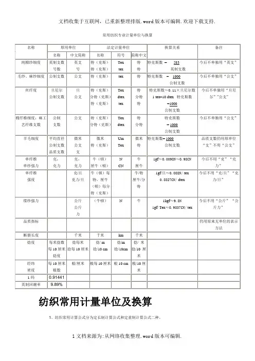常用纺织专业计量单位与换算