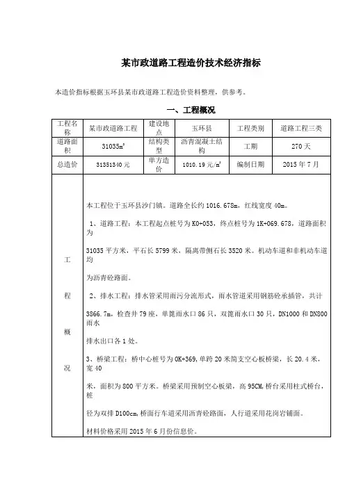 某政道路工程造价技术经济指标2