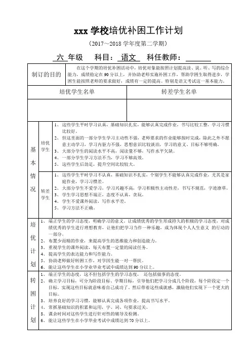 培优转困工作计划表格