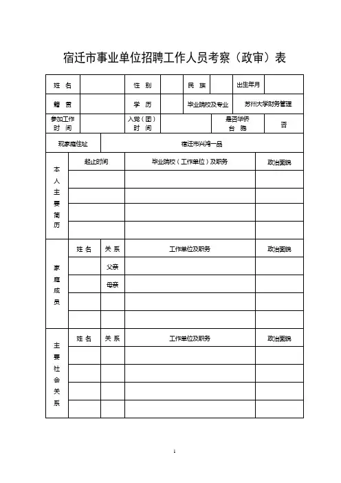 宿迁市事业单位招聘工作人员考察(政审)表