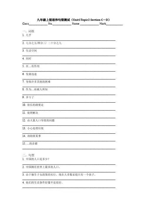 仁爱九年级上短语和句型测试(Unit1Topic2 Section C-D)
