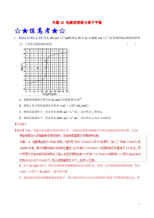 2019年高考化学二轮复习专题10电解质溶液与离子平衡(练)(含解析)
