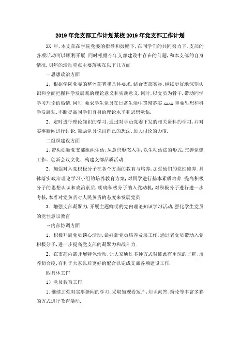 2019年党支部工作计划 某校2019年党支部工作计划 精品