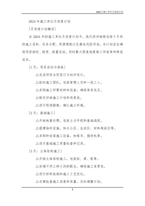 2024年施工单位月进度计划
