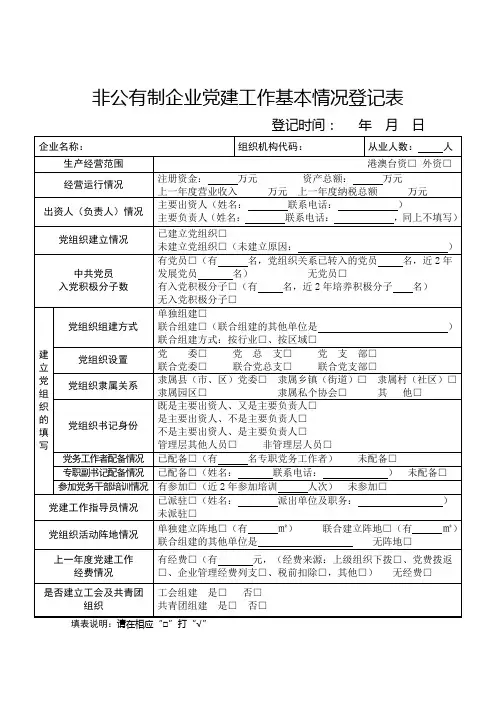 非公有制企业党建工作基本情况登记样表