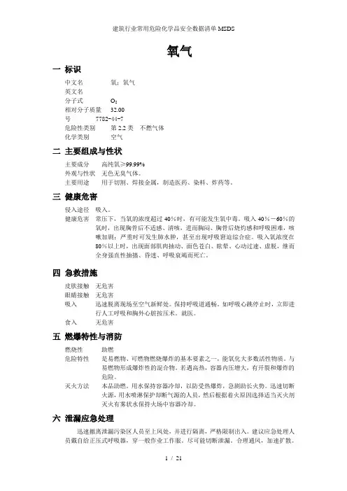 建筑行业常用危险化学品安全数据清单MSDS