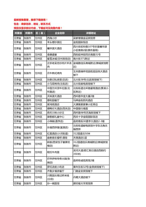 新版甘肃省张掖市甘州区酒店餐饮企业公司商家户名录单联系方式地址大全141家