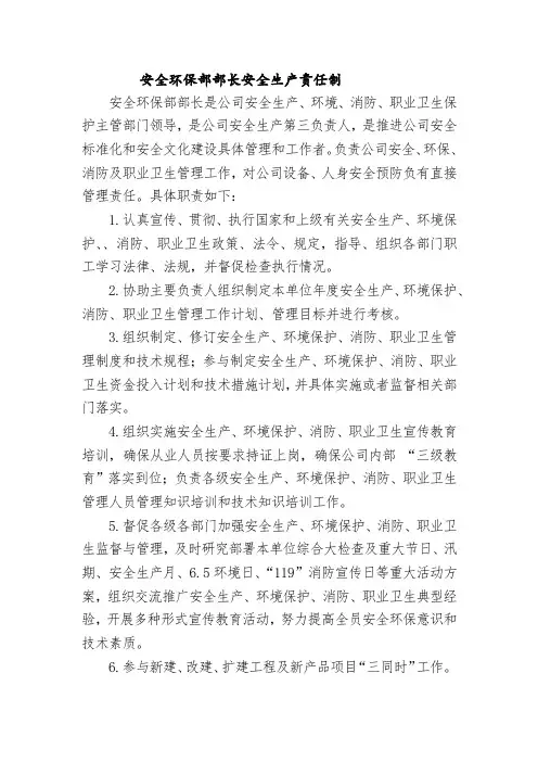 安全环保部部长安全生产责任制