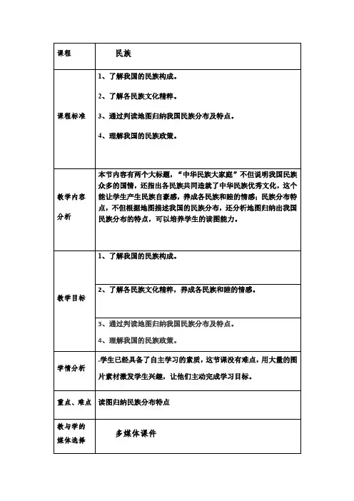 粤教版初中地理八年级上册  1.2  民族  教案 