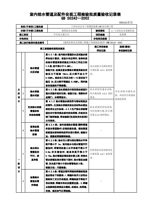 (2)室内给水管道及配件安装工程检验批质量验收记录表