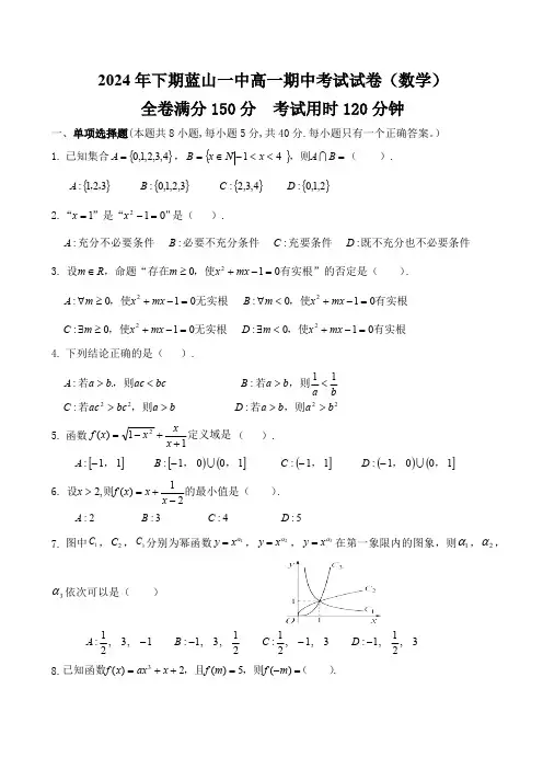 湖南省永州市蓝山县第一中学2024-2025学年高一上学期期中考试数学试卷(含解析)