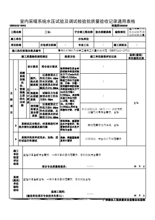 室内采暖系统水压试验及调试检验批质量验收记录通用表格