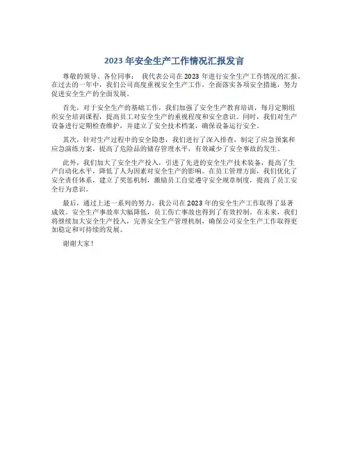 2023年安全生产工作情况汇报发言