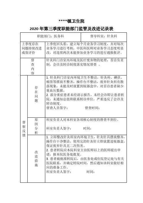 卫生院中医科职能部门监管及改进记录