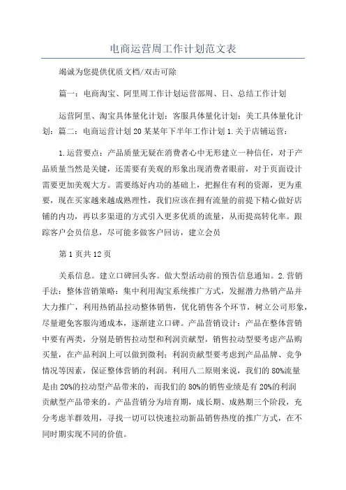 电商运营周工作计划范文表