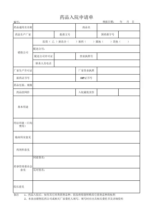 药品入院申请
