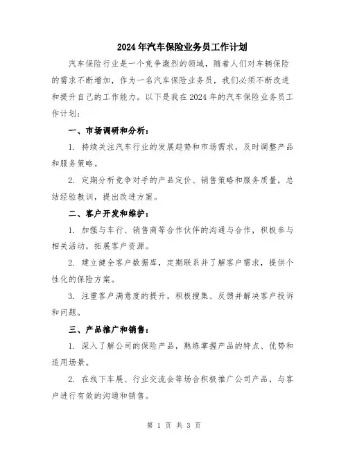 2024年汽车保险业务员工作计划