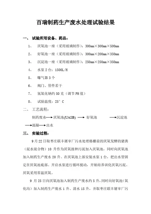 百瑞制药生产废水处理试验结果