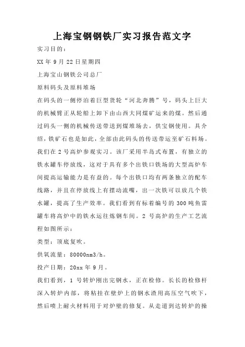 上海宝钢钢铁厂实习报告范文字