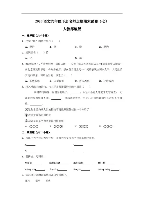 2020语文六年级下册名师点题期末试卷(七)人教部编版(含解析)