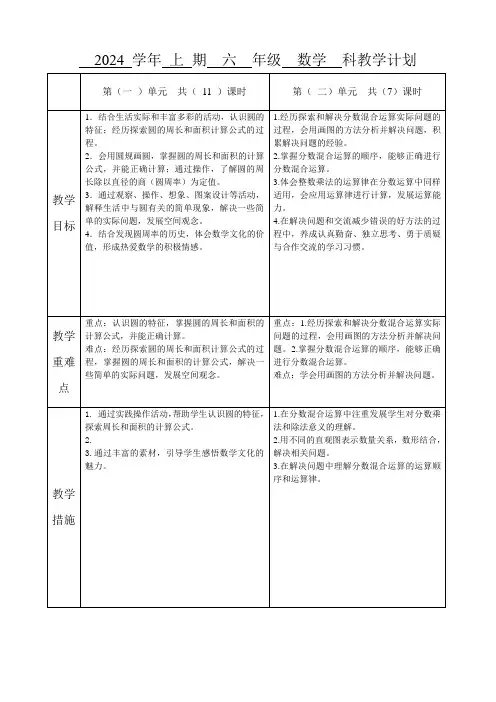 北师大2024学年上期六年级数学教学工作计划