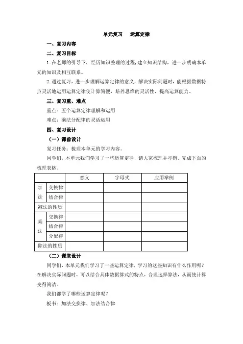 部编人教版四下数学《运算定律复习课》教案