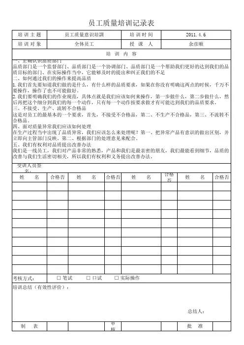 培训记录-全体员工质量培训记录