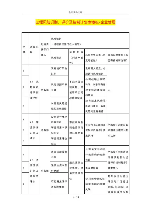 过程风险识别、评价及控制计划表模板-企业管理